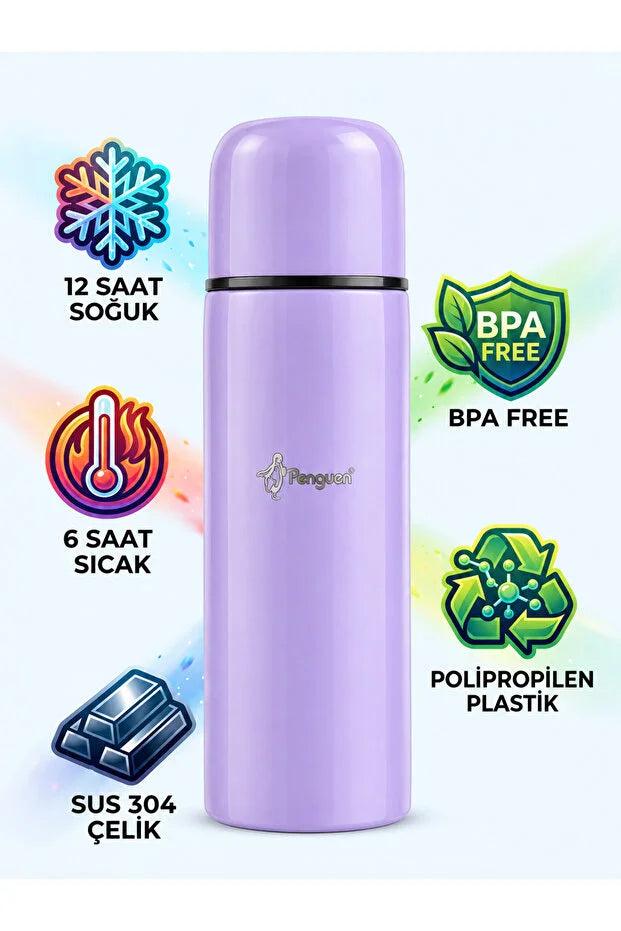 Penguen Çelik Mama Termosu 700 ml Renkli SUS304 Sıcak Su Çay Kahve Termosu Bardaklı Vakumlu BPA Free