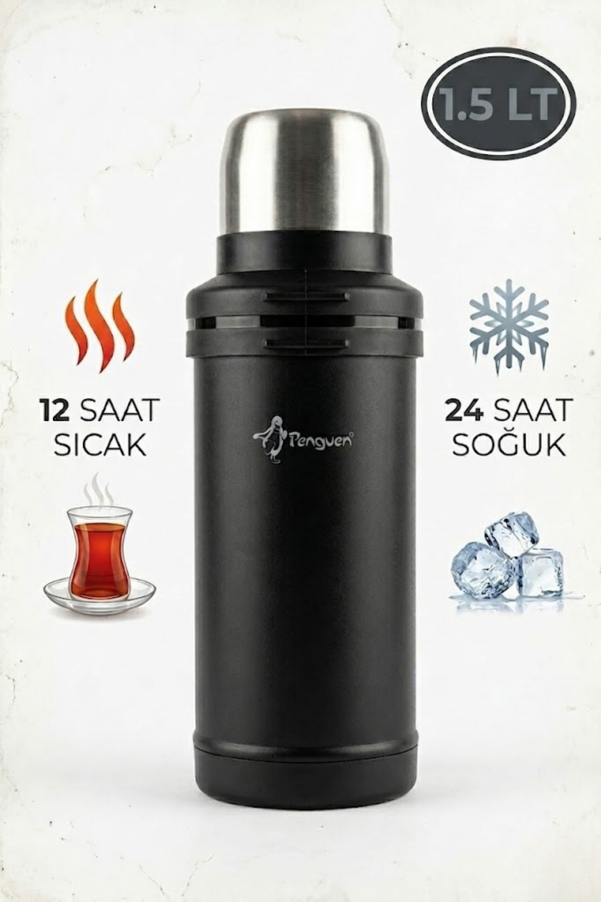 Penguen 1,5 lt Avcı Termos Vakumlu Çelik Termos Kamp Piknik Çay Kahve Termosu SUS304 BPA Free