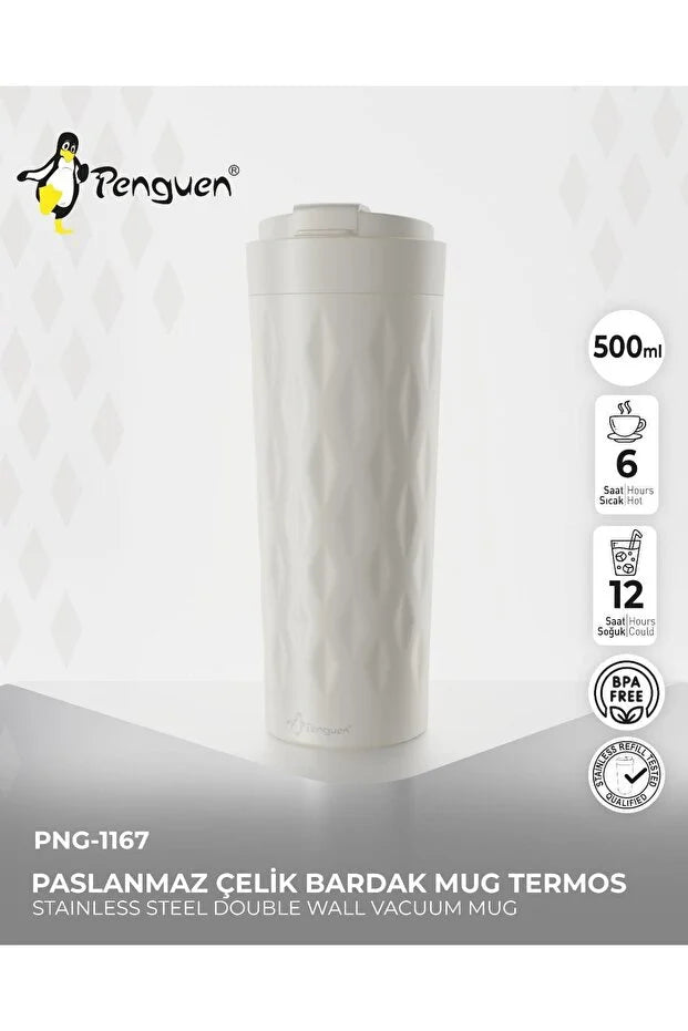 PNG-1167 500ml Flip Kapak Desenli Çelik Mug | 6 Saat Sıcak 12 Saat Soğuk | Sızdırmaz & BPA Free
