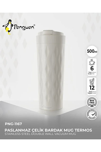PNG-1167 500ml Flip Kapak Desenli Çelik Mug | 6 Saat Sıcak 12 Saat Soğuk | Sızdırmaz & BPA Free