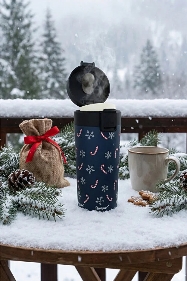 Yılbaşı Temalı 380Ml SUS304 Çelik Termos Mug 6 Saat Sıcak 12 Saat Soğuk Tutma