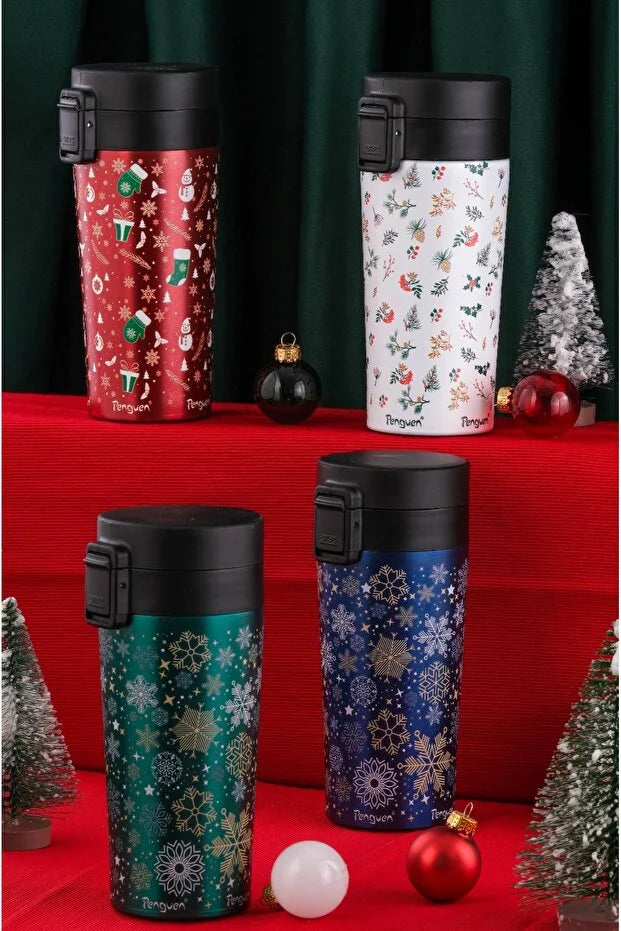 Yılbaşı Temalı 380Ml SUS304 Çelik Termos Mug 6 Saat Sıcak 12 Saat Soğuk Tutma