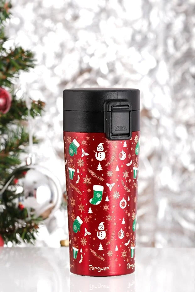 Yılbaşı Temalı 380Ml SUS304 Çelik Termos Mug 6 Saat Sıcak 12 Saat Soğuk Tutma