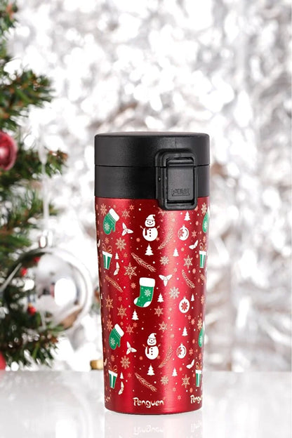 Yılbaşı Temalı 380Ml SUS304 Çelik Termos Mug 6 Saat Sıcak 12 Saat Soğuk Tutma