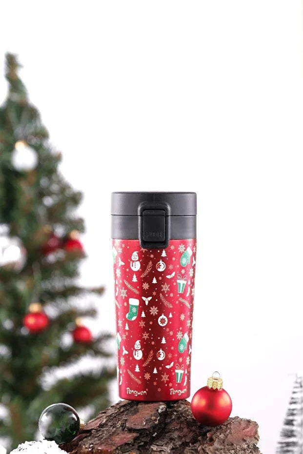 Yılbaşı Temalı 380Ml SUS304 Çelik Termos Mug 6 Saat Sıcak 12 Saat Soğuk Tutma
