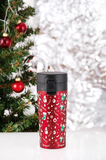 Yılbaşı Temalı 380Ml SUS304 Çelik Termos Mug 6 Saat Sıcak 12 Saat Soğuk Tutma