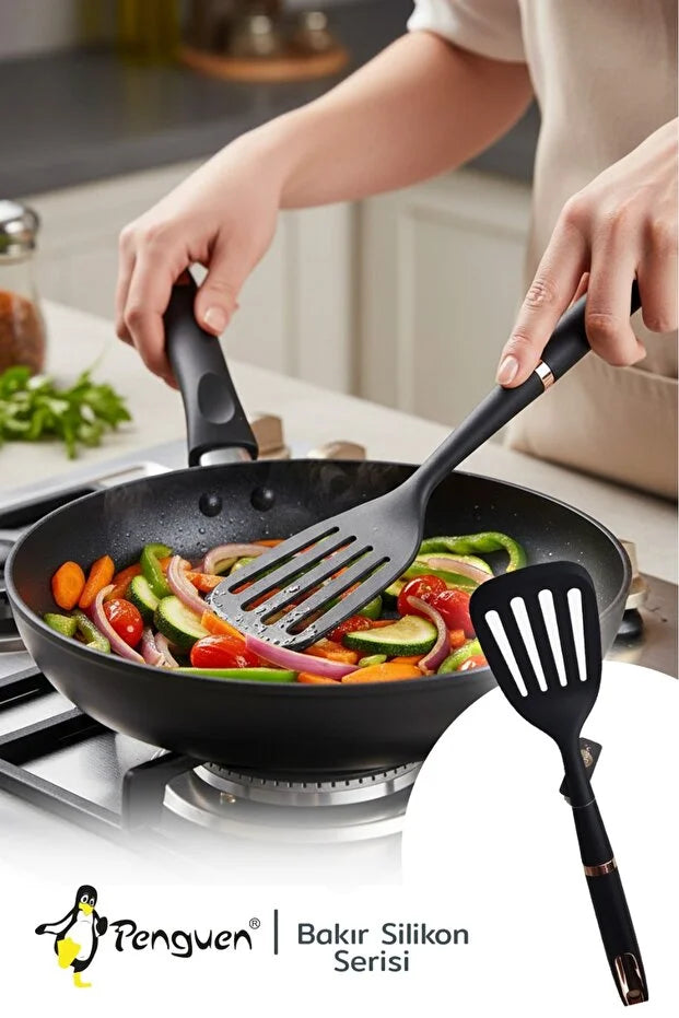 Siyah Bakır Mutfak Delikli Spatula Kaşık Seti – Premium Kalite