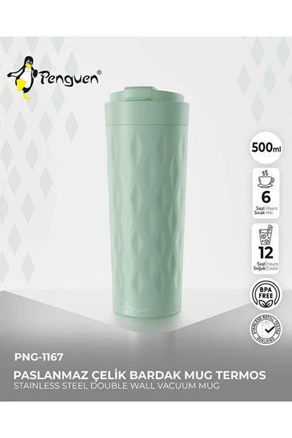 PNG-1167 500ml Flip Kapak Desenli Çelik Mug | 6 Saat Sıcak 12 Saat Soğuk | Sızdırmaz & BPA Free