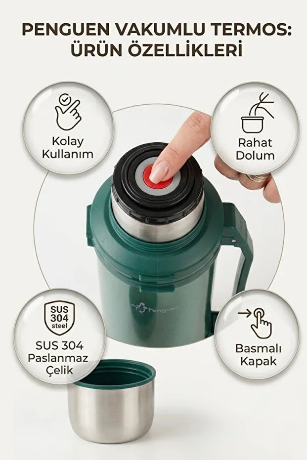 2 Litre Avcı Termos Vakumlu Çelik Termos Kamp Piknik Çay Kahve Termosu SUS304 BPA Free