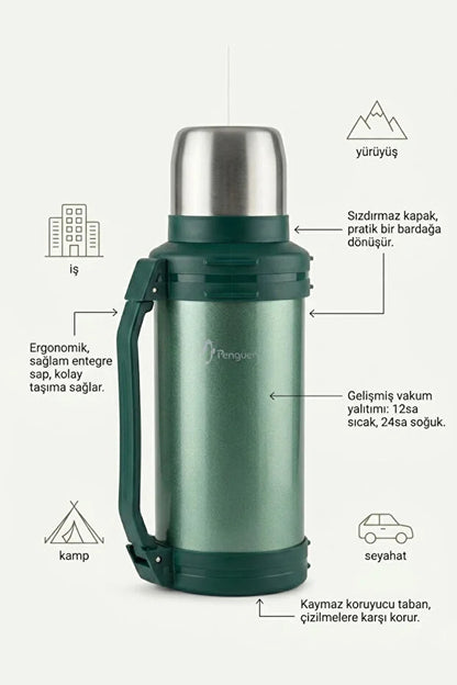 2 Litre Avcı Termos Vakumlu Çelik Termos Kamp Piknik Çay Kahve Termosu SUS304 BPA Free