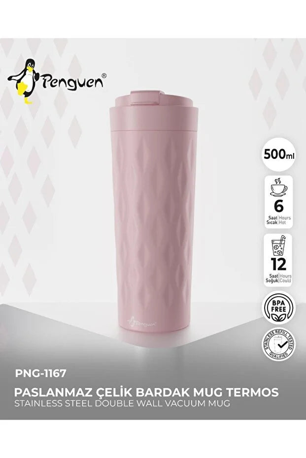 PNG-1167 500ml Flip Kapak Desenli Çelik Mug | 6 Saat Sıcak 12 Saat Soğuk | Sızdırmaz & BPA Free