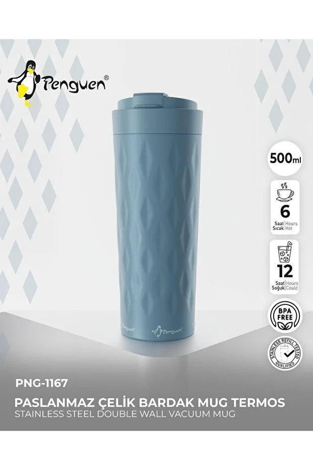 PNG-1167 500ml Flip Kapak Desenli Çelik Mug | 6 Saat Sıcak 12 Saat Soğuk | Sızdırmaz & BPA Free