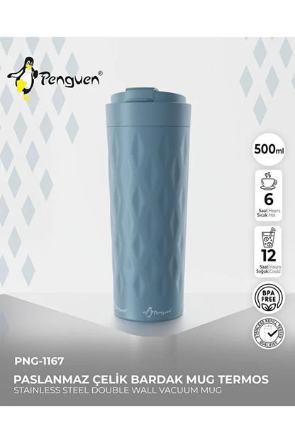 PNG-1167 500ml Flip Kapak Desenli Çelik Mug | 6 Saat Sıcak 12 Saat Soğuk | Sızdırmaz & BPA Free