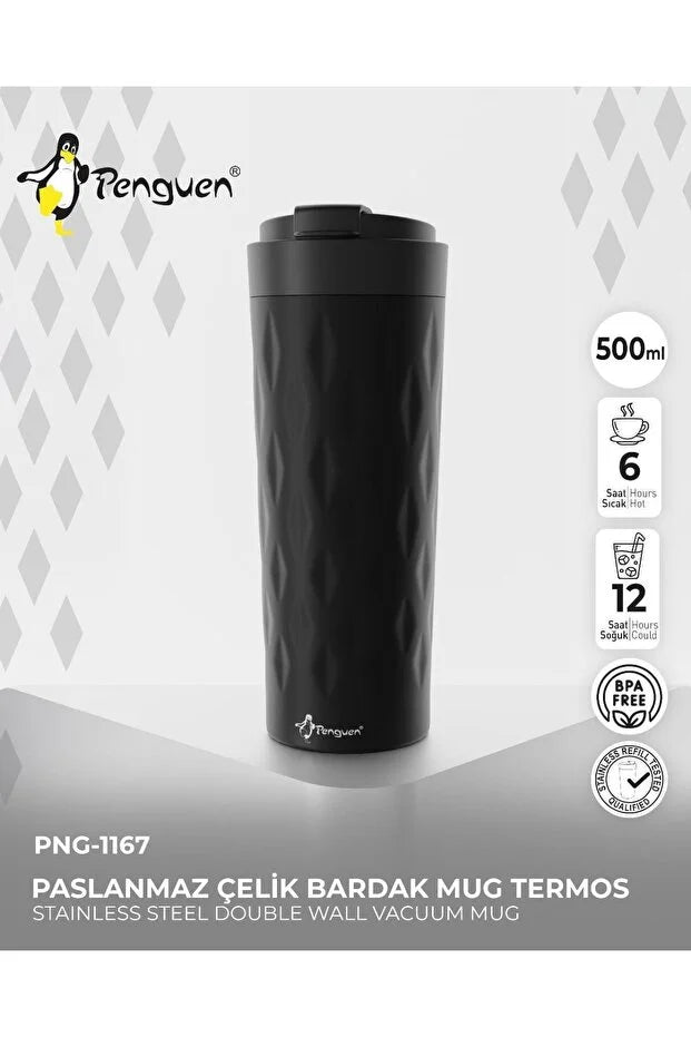 PNG-1167 500ml Flip Kapak Desenli Çelik Mug | 6 Saat Sıcak 12 Saat Soğuk | Sızdırmaz & BPA Free