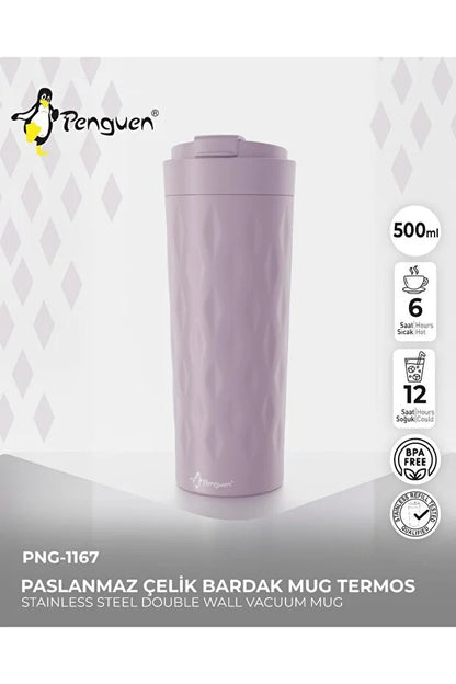 PNG-1167 500ml Flip Kapak Desenli Çelik Mug | 6 Saat Sıcak 12 Saat Soğuk | Sızdırmaz & BPA Free