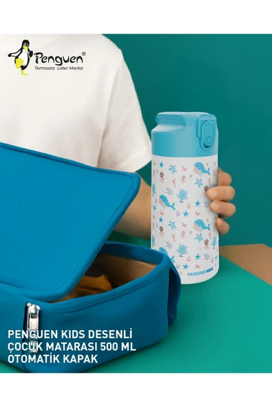 Penguen Çocuk Pipetli Çelik Suluk ve Matara 380 ml Sızdırmaz BPA Free SUS304 Okul Su Matarası