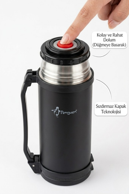 Penguen 1,5 lt Avcı Termos Vakumlu Çelik Termos Kamp Piknik Çay Kahve Termosu SUS304 BPA Free