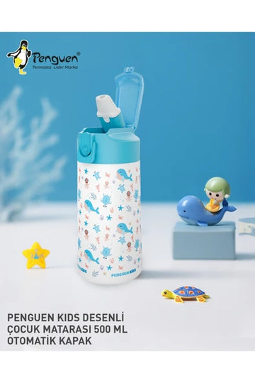 Penguen Çocuk Pipetli Çelik Suluk ve Matara 380 ml Sızdırmaz BPA Free SUS304 Okul Su Matarası