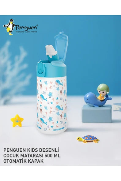 Penguen Çocuk Pipetli Çelik Suluk ve Matara 380 ml Sızdırmaz BPA Free SUS304 Okul Su Matarası