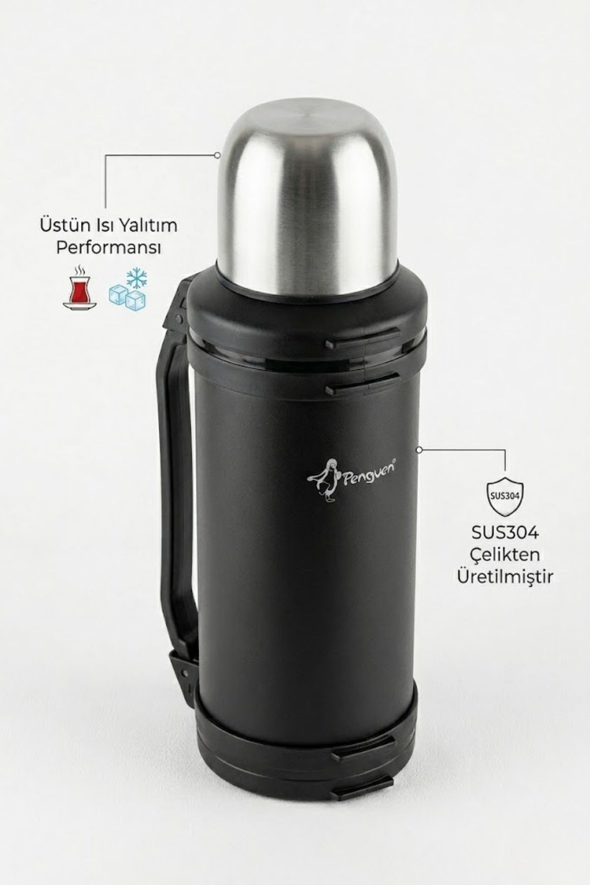Penguen 1,5 lt Avcı Termos Vakumlu Çelik Termos Kamp Piknik Çay Kahve Termosu SUS304 BPA Free