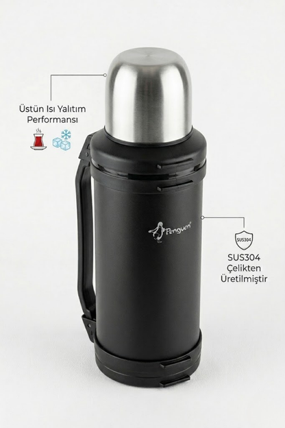 Penguen 1,5 lt Avcı Termos Vakumlu Çelik Termos Kamp Piknik Çay Kahve Termosu SUS304 BPA Free