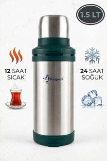 Penguen 1.5 Litre Avcı Çelik Çay Termosu Sıcak Su Termosu Kamp Termosu SUS304 Vakumlu Bardaklı Termos