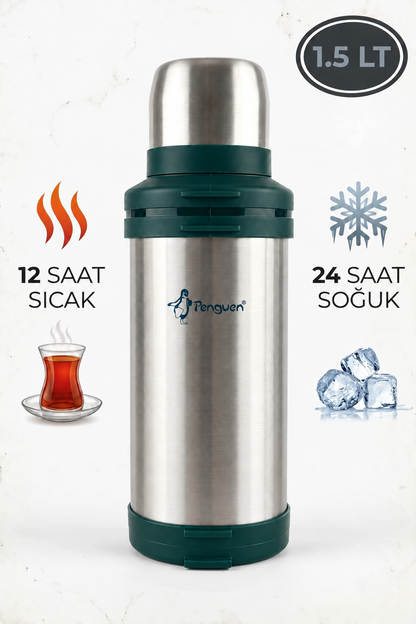 Penguen 1.5 Litre Avcı Çelik Çay Termosu Sıcak Su Termosu Kamp Termosu SUS304 Vakumlu Bardaklı Termos