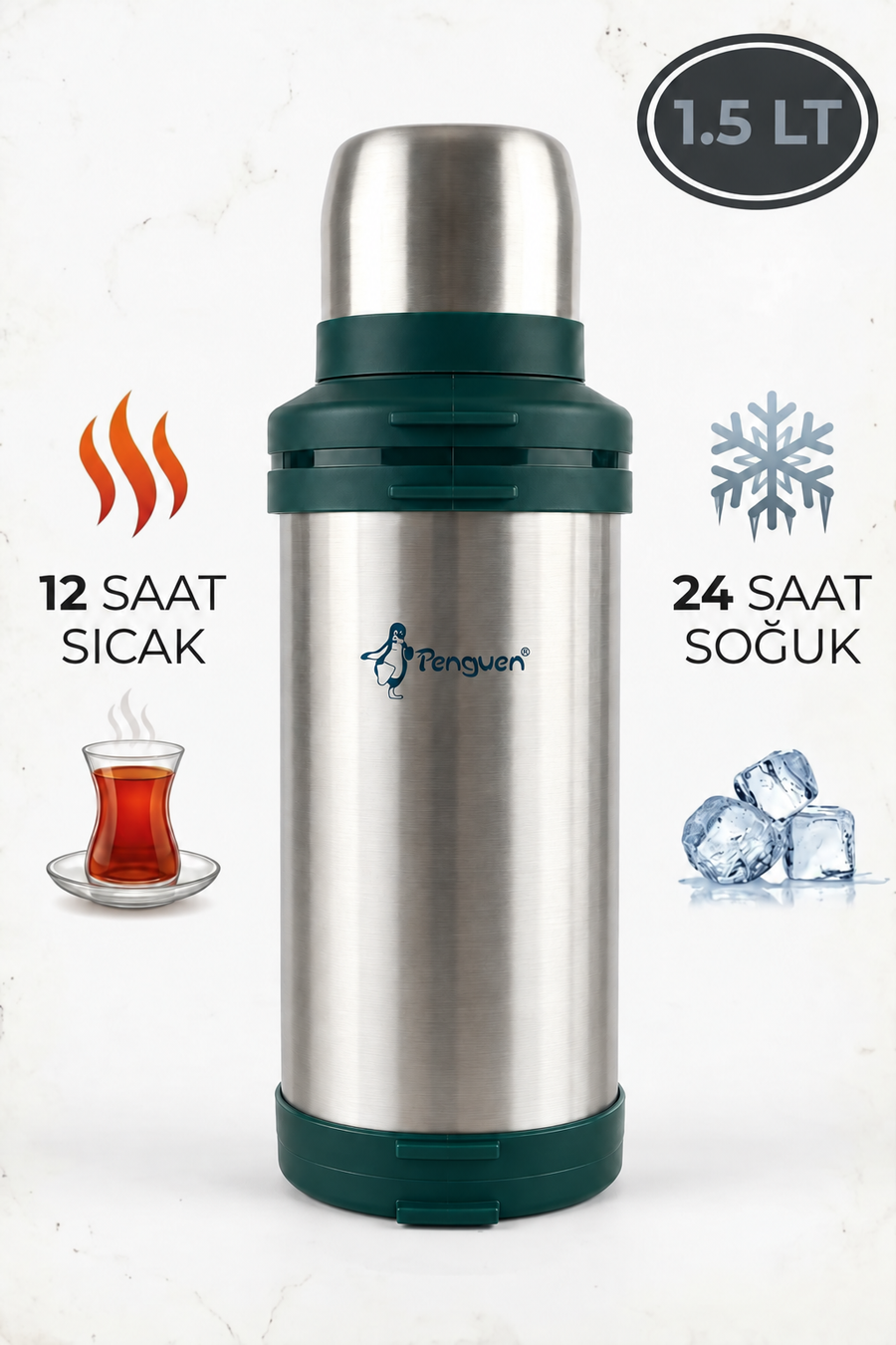 Penguen 1.5 Litre Avcı Çelik Çay Termosu Sıcak Su Termosu Kamp Termosu SUS304 Vakumlu Bardaklı Termos