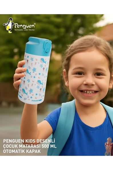 Penguen Çocuk Pipetli Çelik Suluk ve Matara 380 ml Sızdırmaz BPA Free SUS304 Okul Su Matarası