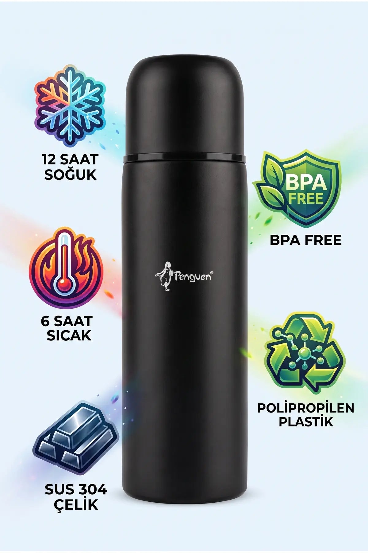 Penguen Çelik Mama Termosu 700 ml Renkli SUS304  Sıcak Su Çay Kahve Termosu Bardaklı Vakumlu BPA Free