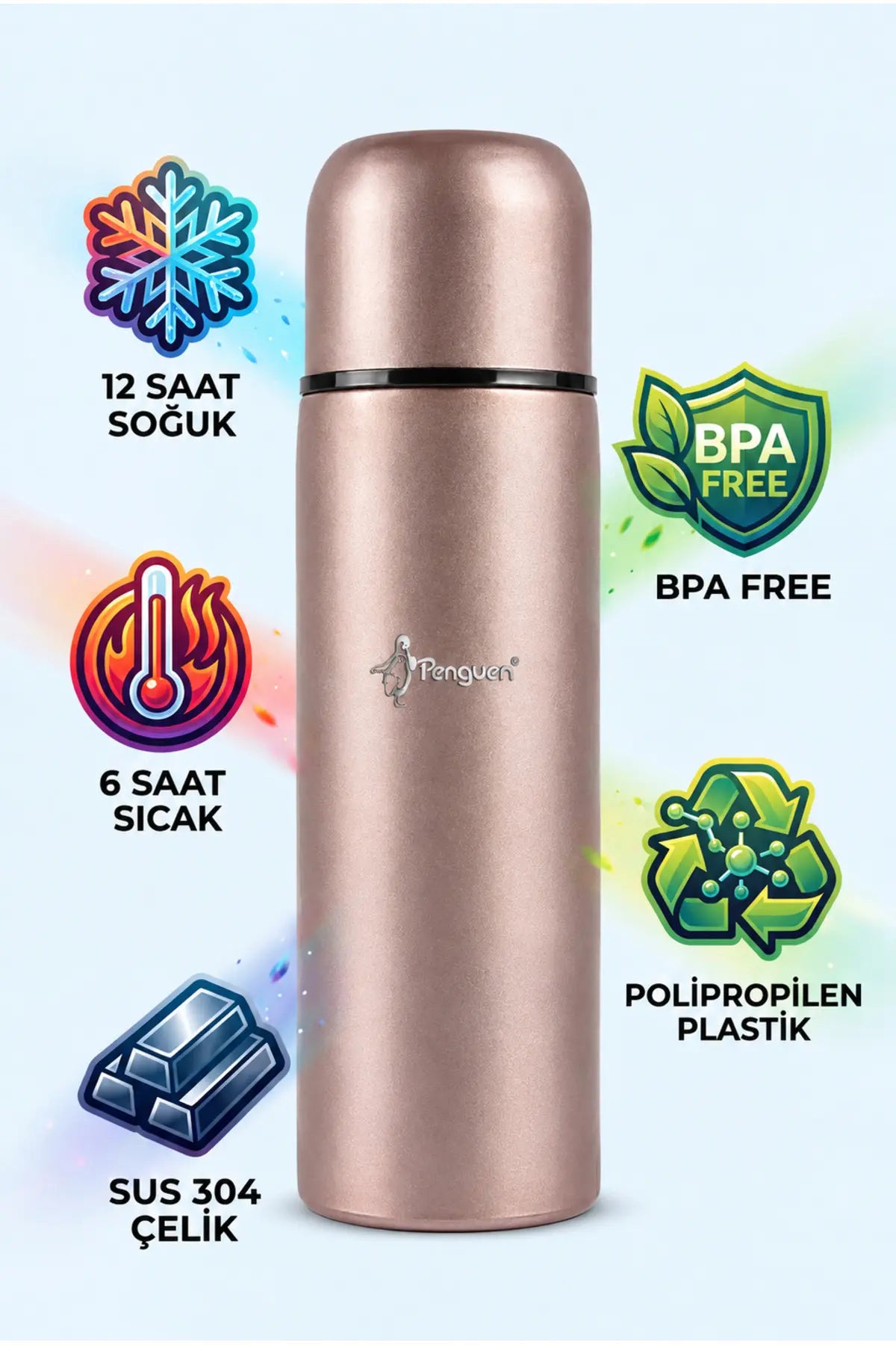 Penguen Çelik Mama Termosu 700 ml Renkli SUS304  Sıcak Su Çay Kahve Termosu Bardaklı Vakumlu BPA Free