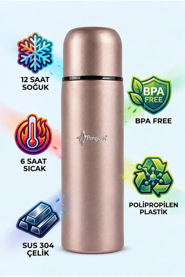 Penguen Çelik Mama Termosu 700 ml Renkli SUS304  Sıcak Su Çay Kahve Termosu Bardaklı Vakumlu BPA Free