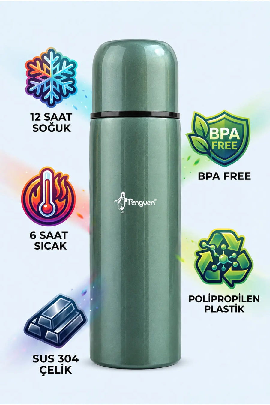 Penguen Çelik Mama Termosu 700 ml Renkli SUS304  Sıcak Su Çay Kahve Termosu Bardaklı Vakumlu BPA Free