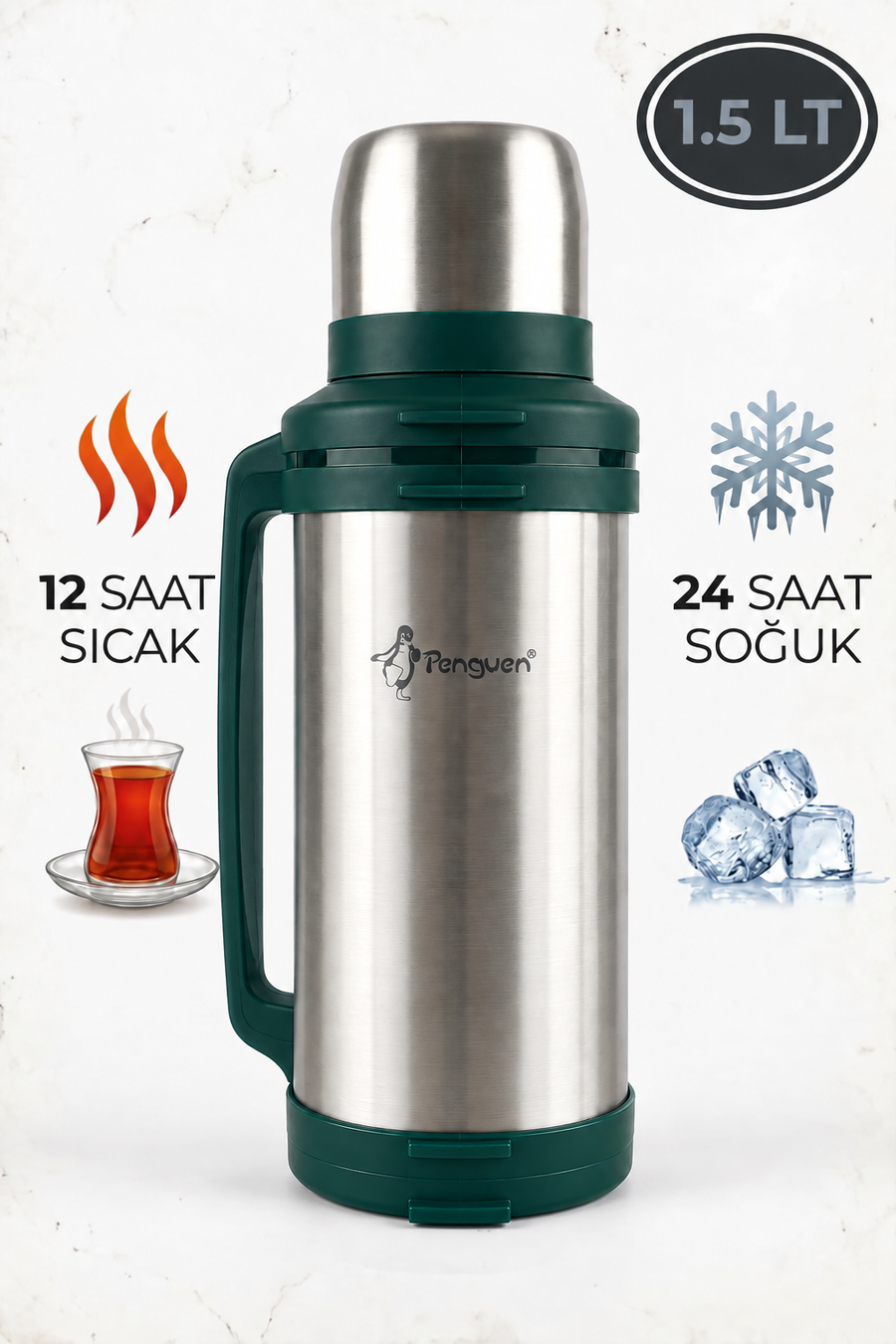 Penguen 1.5 Litre Avcı Çelik Çay Termosu Sıcak Su Termosu Kamp Termosu SUS304 Vakumlu Bardaklı Termos