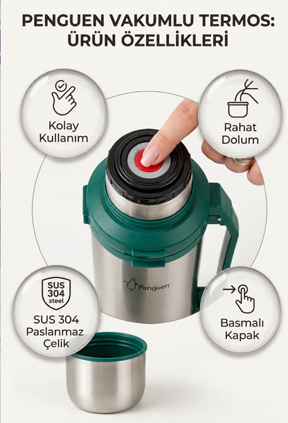 Penguen 1.5 Litre Avcı Çelik Çay Termosu Sıcak Su Termosu Kamp Termosu SUS304 Vakumlu Bardaklı Termos