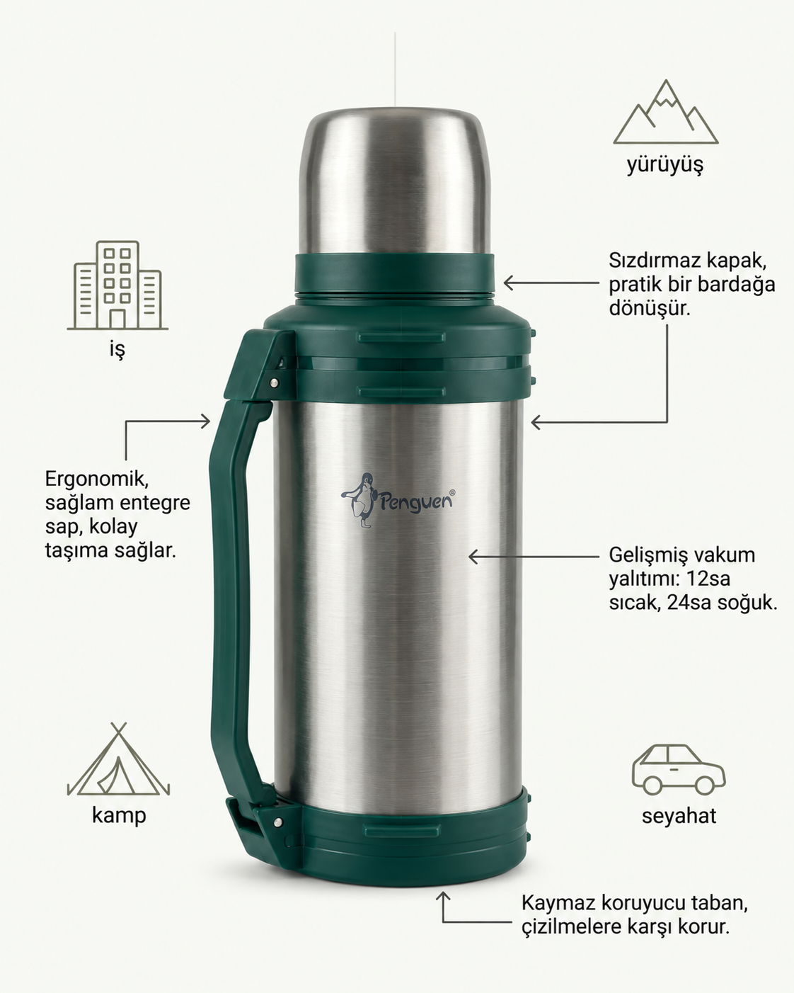 Penguen 1.5 Litre Avcı Çelik Çay Termosu Sıcak Su Termosu Kamp Termosu SUS304 Vakumlu Bardaklı Termos
